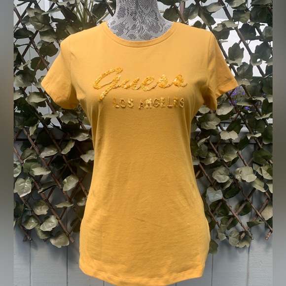 GUESS Women’s Yellow Sequin, Glamour Logo Cotton Tee NWT - Picture 3 of 4